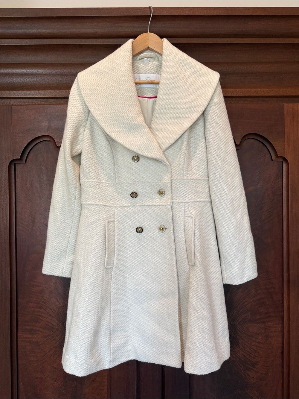 Jessica Simpson Cream Double-Breasted Textured Pea Coat